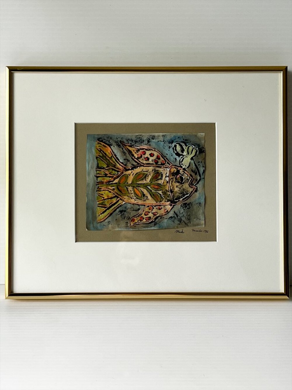 Meiko Ando Original Mixed Media Artwork Fish 1996 Signed Framed